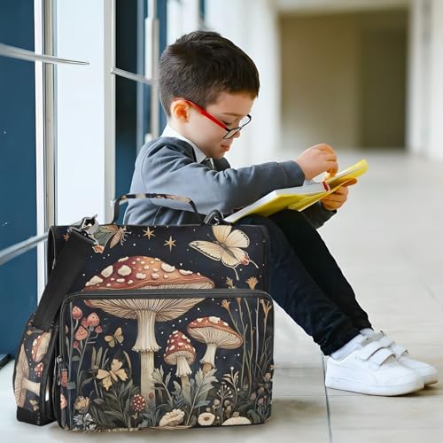 Image of 3 Ring Zipper Binder with Shoulder Strap Mushrooms Flowers Butterflies (2) 1.5 inch Binders Keeper Large Capacity Multi Pockets for School Office Supplies