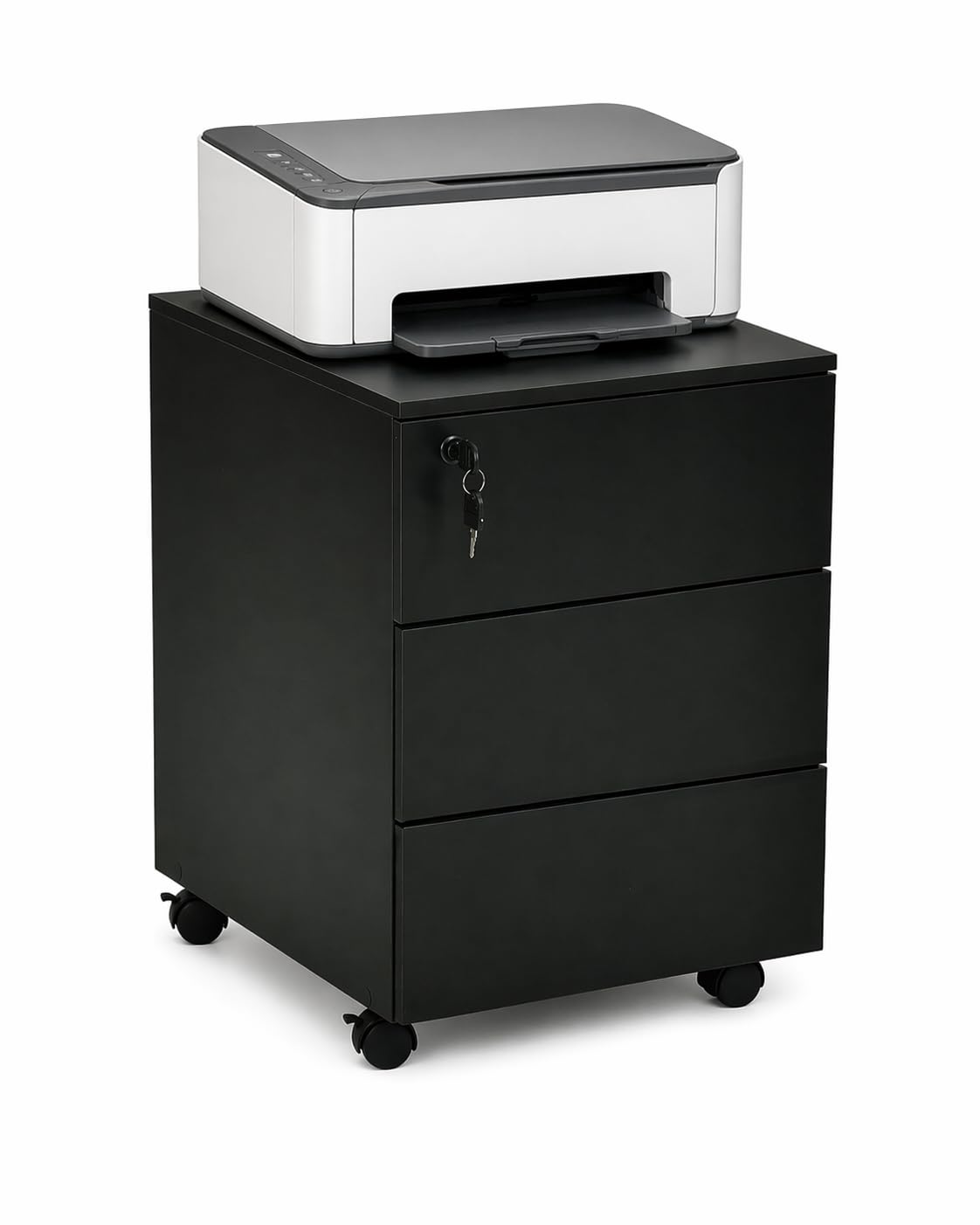 Cassettiera Scrivania Ufficio con Ruote e Chiave, Cassettiera Nera 3 Cassetti, Schedario da Ufficio, Mobile Ufficio sotto Scrivania, Mobiletto con Chiave, 39 x 45 x 54 cm