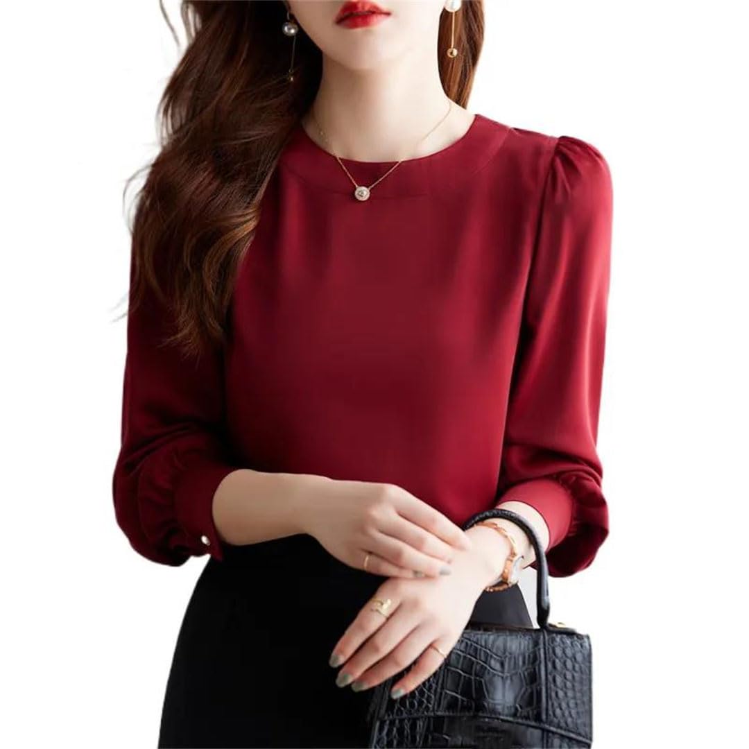 Blusa de satén de manga larga con cuello redondo para mujer, para oficina, trabajo, ropa