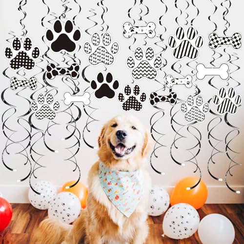Image of Dog BirthdayHanging Swirl Set Party Decorations, 48 Pcs, Dog Paw Bones Party Supplies Sign,White Black Grid