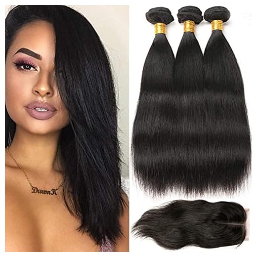 RICHAIR - Tissage Bresilien Avec Closure 14"14"14"+14" Closure,Tissages Lisse Cheveux Humain Lot 3 Pieces,Meches Bresiliennes Naturel Noir 100g/pc