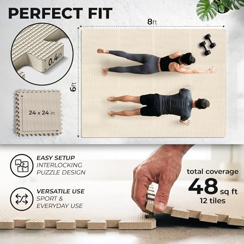 Image of bemaxx Gym Mats Set - 12 pcs EVA Interlocking Foam Floor Tiles (24.4 inchx24.4 inchx0.4 inch) 48 sqft Protective Gym Flooring Sports Home Workout Exercise Mats Puzzle Garage Fitness Play-Room Pool Treadmill Bike