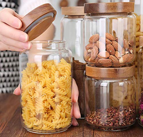 Tarro de almacenamiento de alimentos de vidrio de 32.1 fl oz/32 oz recipiente de vidrio transparente con sellado hermético, tapas de madera de acacia, recipiente de almacenamiento de alimentos para 7