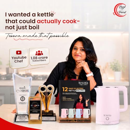 Image of Tesora by Cook with Parul Electric Kettle, 1.8L, 12 Recipes Book Included, 1500W, 100% Stainless Steel Inner Body, Auto Shut-Off, Boil-Dry & Overheat Protection, Cool Touch Double Wall (Pink)