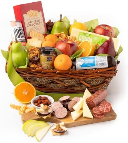 A Gift Inside Fresh Fruit Gift Basket – Mixed Fresh Fruit with Gourmet Meat, Cheese, Nuts, Crackers & Savory Snacks for Every Occasion