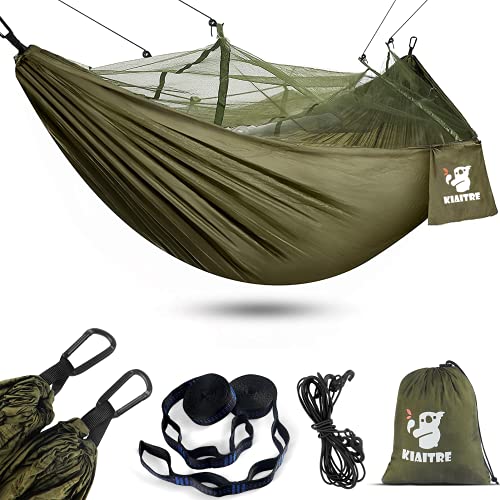 Kiaitre Hängematte, Hängematte Outdoor mit Moskitonetz – 260 x 130 cm Leichte Nylon Hängematte für Rucksacktouren, Camping, Wandern und Strandabenteuer – 200kg Tragfähigkeit
