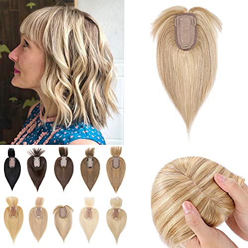 S-noilite 14" Clip in Top Hairpieces with Bangs Balayage 150% Density Silk Base Human Hair Crown Topper with Fringe Remy Hair Toupee For Women with Thinning Hair 44g #12/613 Golden Brown/Bleach Blonde