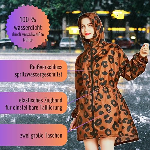 Generisch Damen Regenmantel Leopardenmuster, Poncho, Regencape, Regenjacke Leo, Leopardendesign (DE/NL/SE/PL, Alphanumerisch, L, Regular, Regular, Braun)
