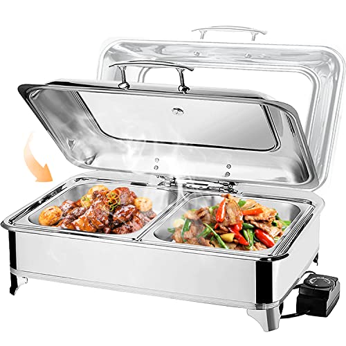 VFDZ 9L Chafing Dish Electrico de Acero Inoxidable, Calentador de Comida Comercial Temperatura Ajustable para Buffet, Calentador de Buffet con con Tapa Visible (1/2 Pan)
