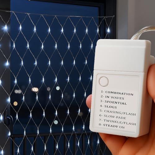 Image of LED Net Mesh String Lights for Diwali & Home Decoration | 192 LEDs, 9.8Ft x 6.6Ft | Curtain Fairy Lights for Balcony, Bedroom, Living Room, Christmas Decor, Jhalar Light, 8 Modes (White)