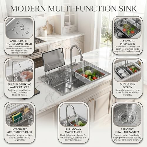 Image of InArt 304 SS Multi-Function Kitchen Sink with Pull-Down Tap | Anti-Scratch Bowl | With Soap Dispenser, Drinking Water Tap, SS Cutting Board, Strainer Basket & Full Drain Pipe Set | 75x46x25.5 CM