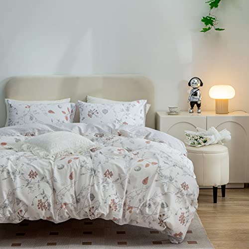 Erzrga Floral Duvet Cover Queen Size Vintage Style White Queen Size Duvet Covers, 100% Cotton Soft & Lightweight Spring Garden Botanical Bedding Set With Zipper Closure & Corner Ties #TOP1