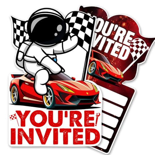 QYCFDXD Space Red Car Party Invitations with Envelopes, 20 Set Astronaut Shaped Invitations Birthday Baby Shower Party Invites Supplies Favors, Double-Sided