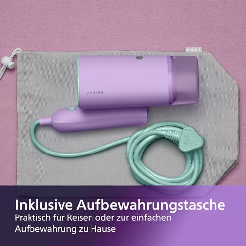 Philips 3000-Serie Tragbarer Dampfglätter - 1000 W, Dampfleistung 20 g/min, 100ml Wassertank, Kein Bügelbrett erforderlich, Inklusive Aufbewahrungstasche, 630g geringes Gewicht, Lila (STH3010/30)
