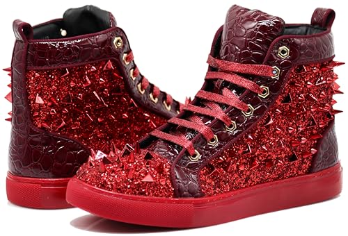 Image of Enzo Romeo Men's High Top Crystal Shimmer Rhinestone Blink Flat Spike Fashion Sneakers Shoes BUL2