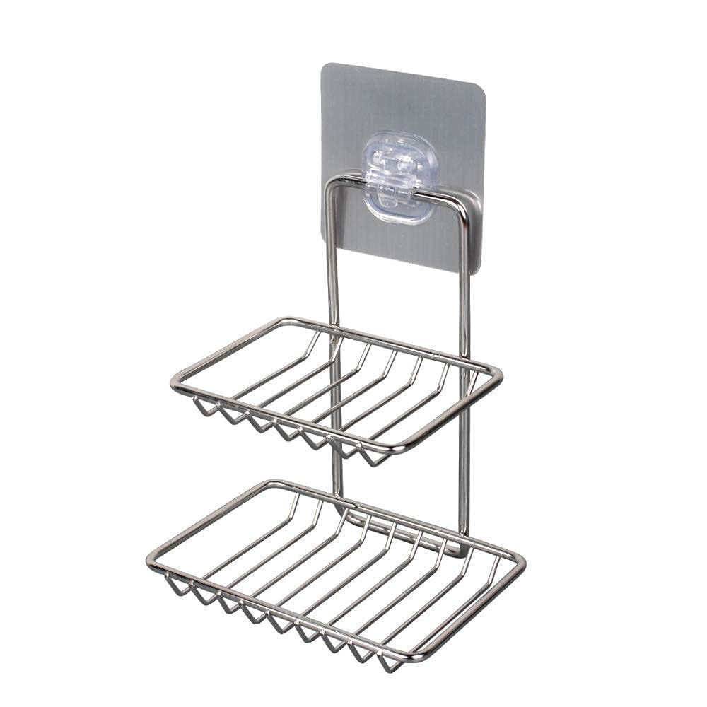 Wall Mounted Double Layer soap Dish Holder Stainless Steel Wall Hanging Soap Storage Rack for Kitchen Bathroom-with Self Adhesive Magic Sticker-image-30
