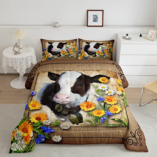 Manfei Cow Print Comforter Set Queen Size Rustic Livestock Retro Sunflower Daisy Bedding Set For Girls Teens Bedroom Decor Farmhouse Style Soft Chic Quilted Duvet With 2 Pillowcases #TOP26