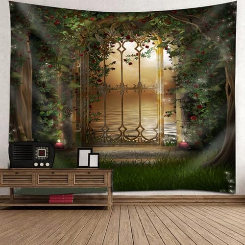 Tapisserie murale forêt fantastique 256x300 cm : grande tenture moderne de salon