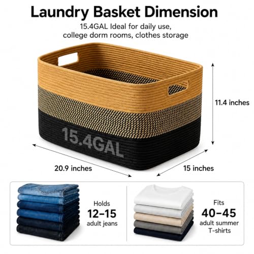 Image of 15.4GAL Rope Laundry Basket for Dorm, Cute Boho Square Woven Basket for Living Room Throws Pillow Blanket Storage, Short Dirty Clothes Hamper for Baby Girls Boys Toys Stuffed Animal Towel Khaki Black