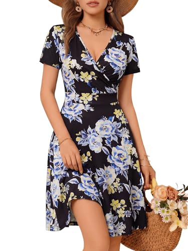 Image of MSBASIC Womens Summer Wrap V Neck Casual Dresses Floral Short Sleeve A-Line Midi Sundress