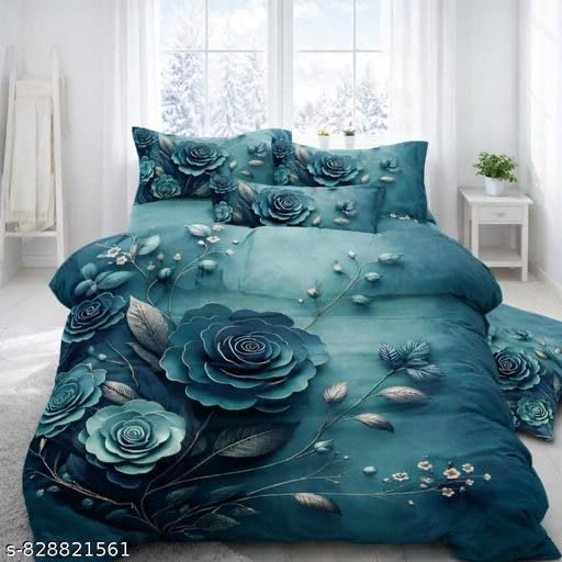 Image of Premium 7D King Size Bedsheet, Teal Floral Rose Print, 3D Effect Design, with Pillow Covers