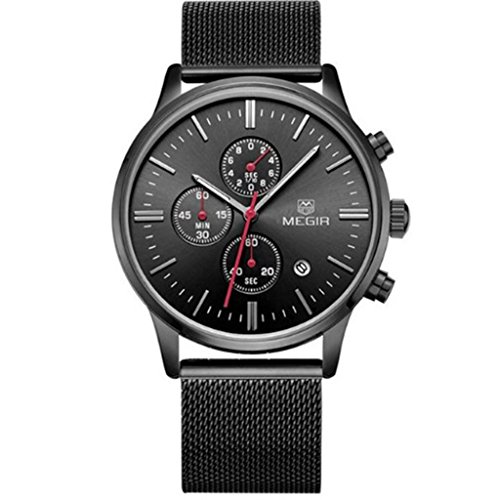Megir Fashion Stylish Luxury Watches Men tainless Stell Quartz Clock Business Watch for Man 2017 (Black)