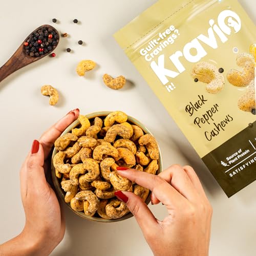 Image of Kravio Premium Black Pepper Roasted Cashew Nuts 200g | Zero Cholesterol Natural Jumbo Size Whole Kaju Nuts & Dry Fruits | Rich in Protein, Roasted Crunchy Delicious Healthy Snacks