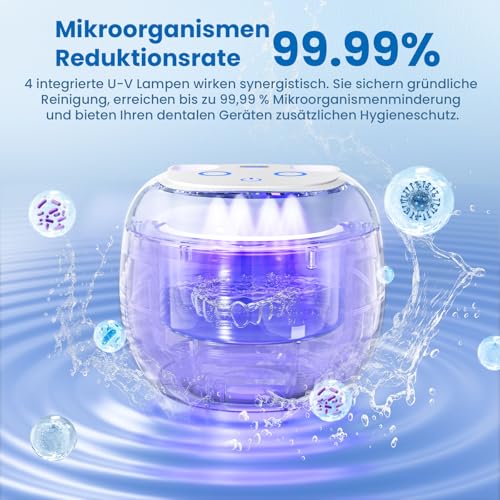 Ultraschallreinigungsgerät 45KHz mit 200mL Dental Pod, 4 Modi Ultraschallreiniger, UV Ultrasonic Cleaner für Zahnersatz, Zahnschiene, Retainer, Zahnspangen, Aligner, Zahnprothesen, Mundschutz, Schmuck