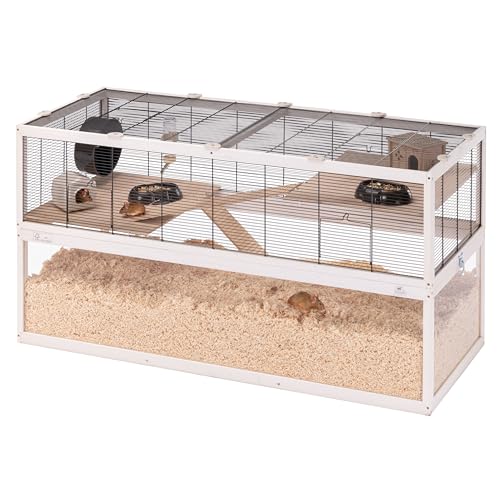 Ferplast Gabbia per Criceti DOMSTER, Gabbia per Topolini, 3 Piani, Con Accessori, Piattaforme e Scalette, Metallo Verniciato e Legno FSC, Base Trasparente, Gabbia Legno Criceto 120 x 50 x h 66,5 cm,