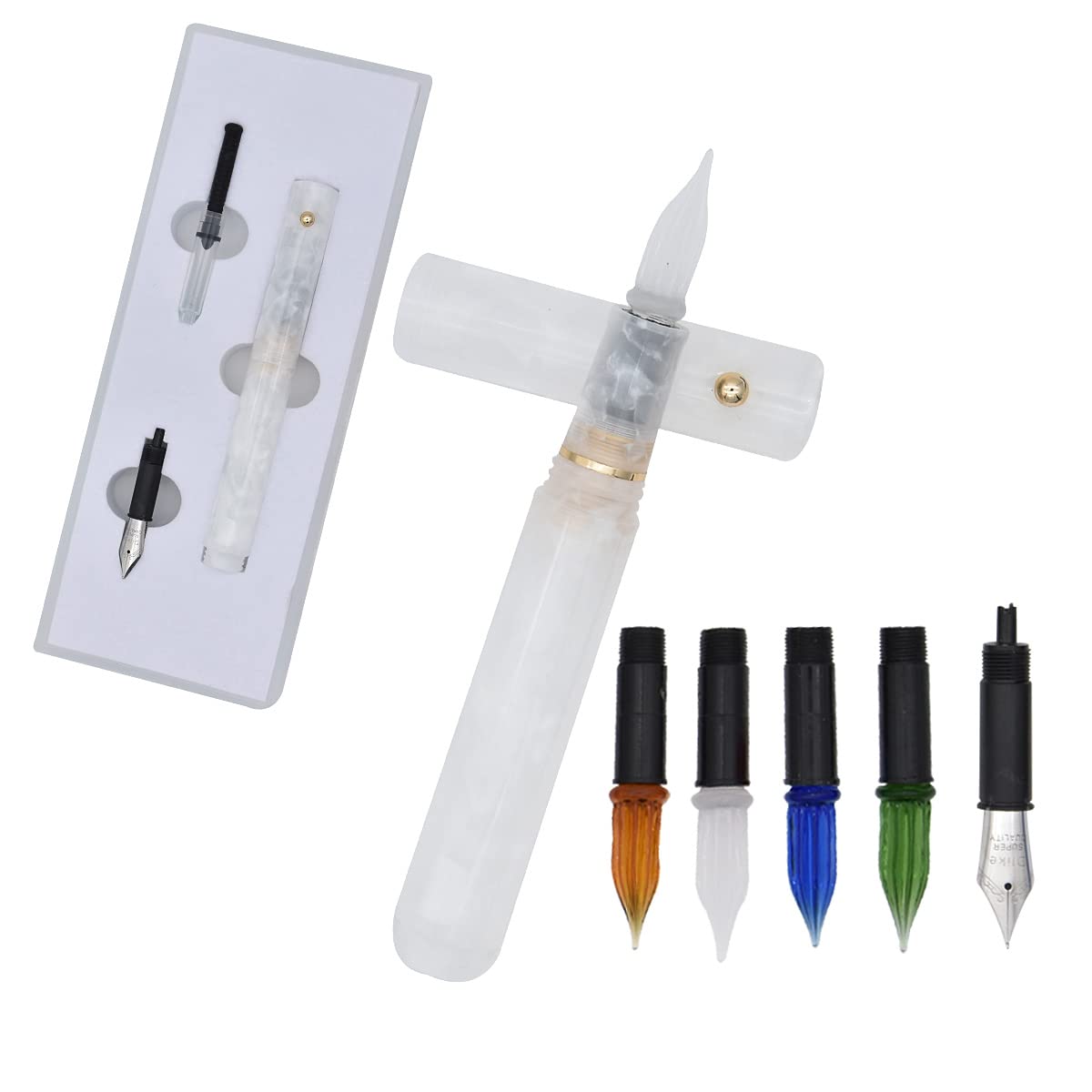 SIPLIV Penna stilografica multifunzione a doppio uso, in vetro, penna stilografica per calligrafia, con 5 tipi di pennino di ricambio, in resina acrilica, per firma e pittura, colore: blu