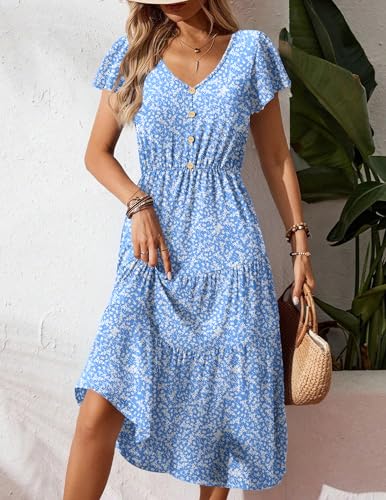 Image of Zeagoo Women's Summer Casual Dress Flutter Short Sleeve V Neck Button Down Tiered Flowy Long Dress with Pockets
