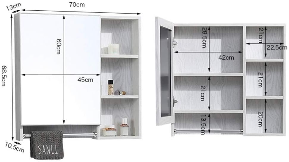 Bathroom Mirror Cabinet, Moisture-Proof Wall-Mounted Storage, Hidden Mirror Box, White, 60x13x68.5cm(White,70 * 13 * 68.5cm)