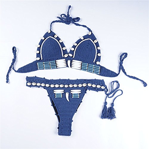 Bikini maillot de bain à la main à mailles rétro split bleu taille M - 5