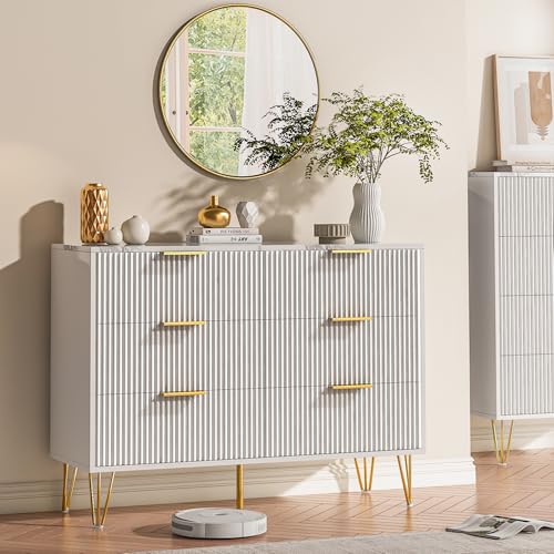 Wumagin Commode Chambre 6 Tiroirs, Meuble de Rangement Moderne avec Poignées et Pieds dorés, 100x34x73 cm Meuble Tiroir Rangement pour Salon, Chambre,...