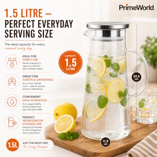 Image of PrimeWorld 1 pc 1.5 Litre Borosilicate Glass jug with Lid Stainless Stell Air Tight Water Pitchers with Handle for Fridge,Carafe for Hot /Cold Drink,Iced Tea, Coffee,Juice,Milk,Beverage