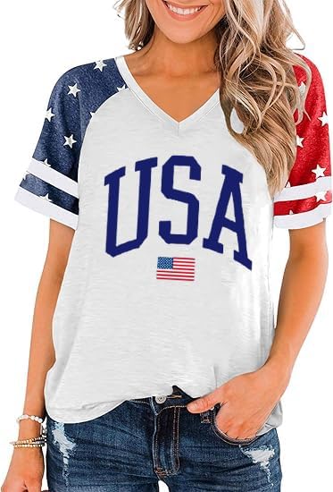 V Neck 4th of July Shirts for Women American Flag USA Graphic Patriotic T-Shirt Raglan Sleeve Tops Summer Tee