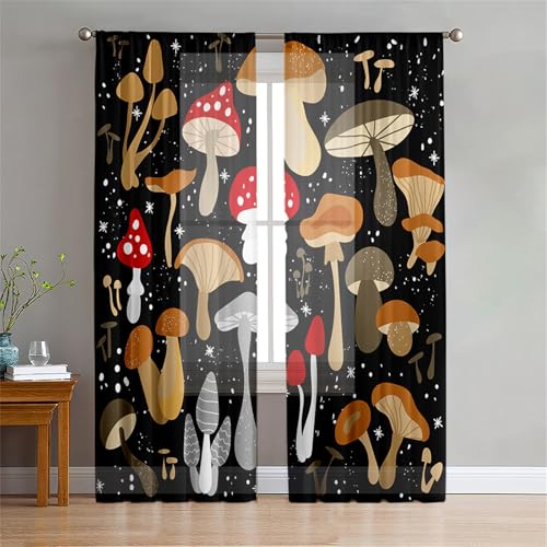 Surwin Cortina Translucida, Patrón de Hongo Cortinas Salon Dormitorio Cocina, Visillos Salon Dormitorio, Translucidas Visillos Salon, 2 Piezas Cortina para Decoracion Hogareña (Negro,W140xH213cm)
