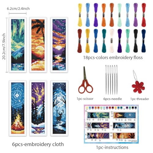 INFUNLY 6PCS Scenery Cross Stitch Bookmark Kit for Beginners 8.66"×3.15" Beach Stamped Embroidery Bookmark Kit Mountain Needlepoint Bookmark Kit with Instruction for Book Lovers Reader Writers - Image 2