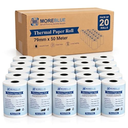 Image of MOREBLUE 3 Inch Thermal Paper Rolls (79mm x 25m, 55 GSM) | Ink-Free BPA-Free Receipt Paper for POS Machine, Billing Machine & Thermal Printers Pack 20