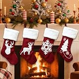 KUWUNG 4 calze natalizie, 46 cm, grandi calze di Babbo Natale con polsino in pelliccia sintetica, calze di Natale con alce rosse, per decorazioni natalizie
