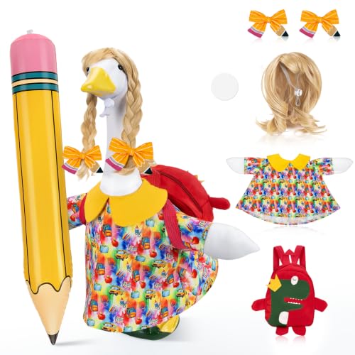 Lettry Back to School Porch Goose Outfit Set Curly Wig Learning-Themed Dress Pencil Hair Clips Inflatable Pencil and Red School Bag for 23 Cement Goose Statue (Statue not Included) (Yellow)