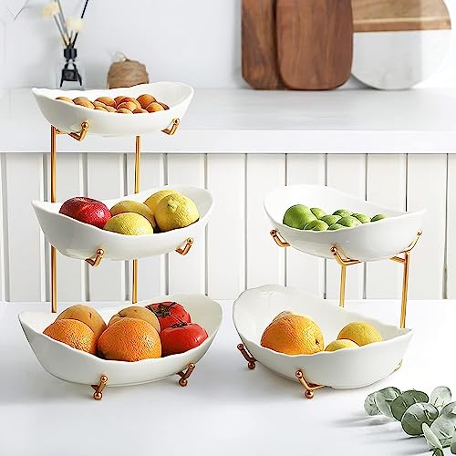HOMKULA Fruit Bowl for Kitchen Counter - 2 Tier Ceramic Serving Bowls with Metal Stand, Tiered Fruit Basket for Fruit Vegetable Storage, Snack, Nuts, Cake, Dessert - Thumbnail 2