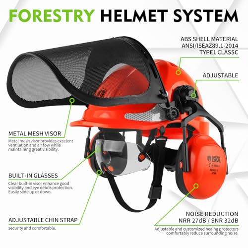 Image of GREEN DEVIL Chainsaw Safety Protective Helmet Forestry Helmet with Build-in Visor Mesh Face Shield Ear Muffs 4 in 1 Ideal for Arborist Tree Work DIY Outdoor Logging Hard hat