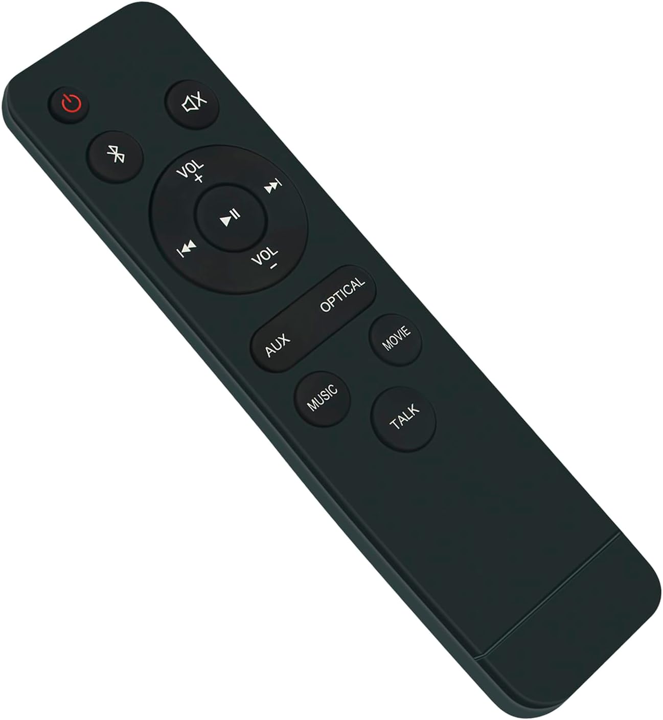Front view of the remote control showing all buttons and their labels.