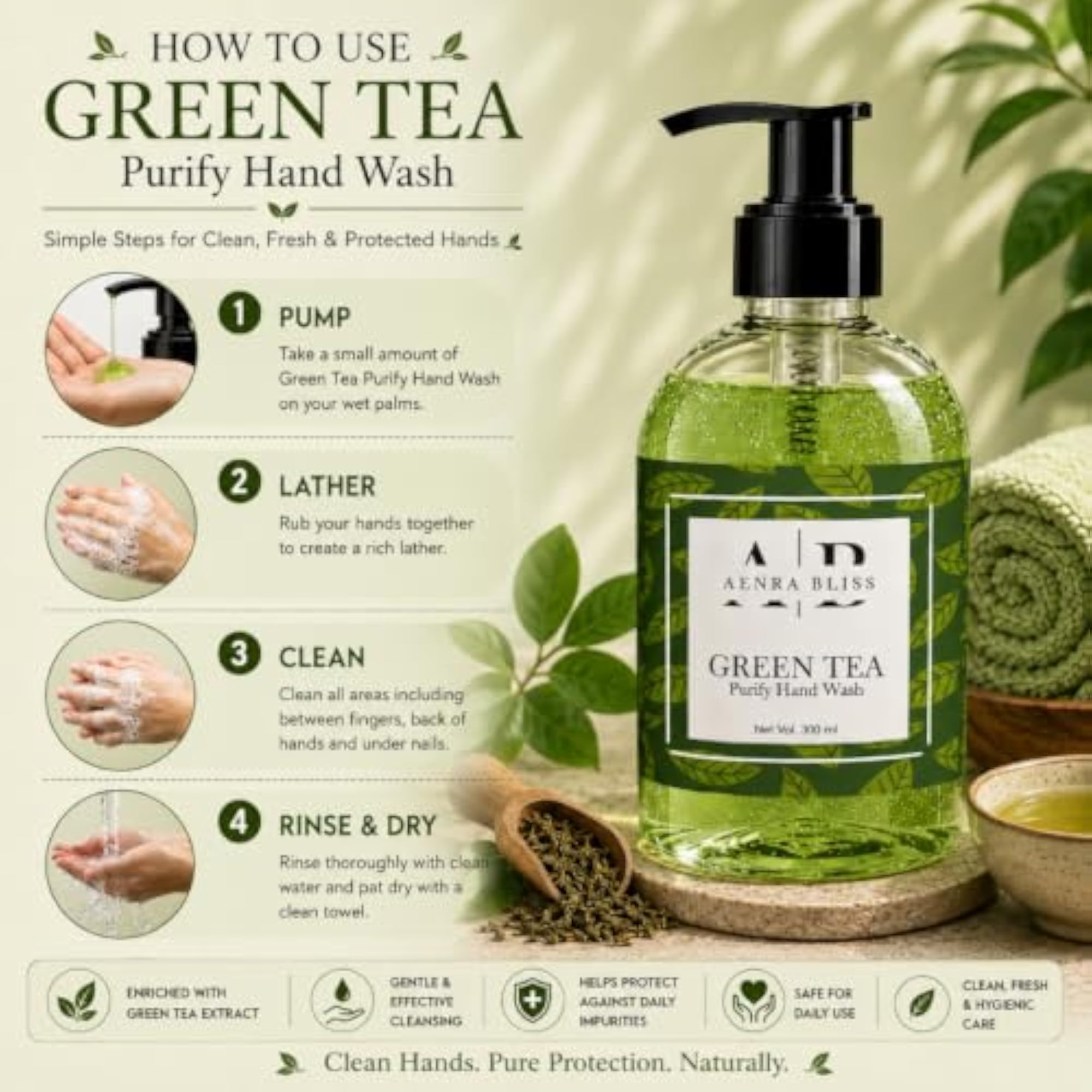 Refreshing Green Tea Hand Wash, Gentle Daily Cleanser 300ml