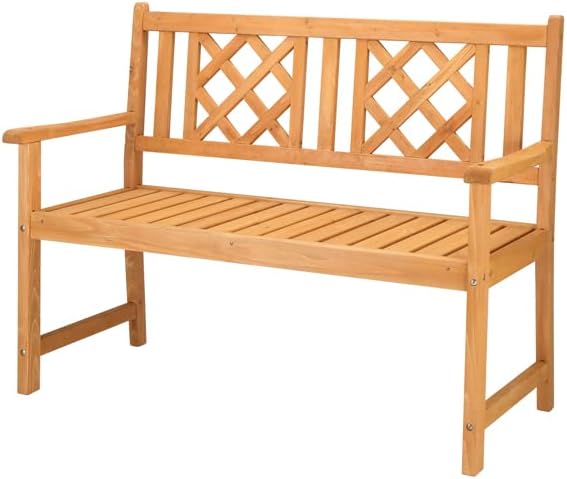 Outdoor Garden Wooden Bench with Fir Grid Back, Burlywood Patio Seat for Porch Deck Yard, Weather-Resistant Slatted Design with Armrests, Folding Structure for Comfort Lounging and Rustic Style Décor