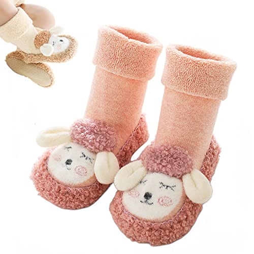 Baby Cartoon Plush Cotton Toddler Shoes,Boy Girls Toddlers Thickened Animal Non-Skid Indoor Slipper Winter Warm Shoes Socks (Pink,14cm-for 18-24Months)