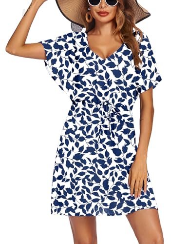 Image of Ekouaer Womens Swimsuit Coverup Short Sleeve Beach Cover Up Dress V Neck Bikini Beachwear