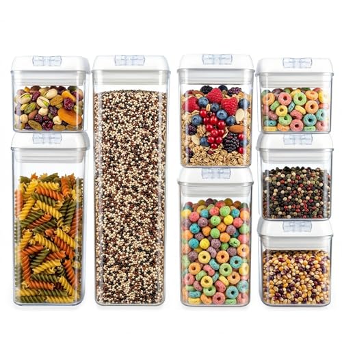Image of 7-Piece Airtight Food Storage Container Set - BPA-Free Clear Plastic Pantry Organization and Kitchen Storage Canisters with Locking Lids - Stackable Jars for Cereal, Flour, Sugar, Pasta & Snacks