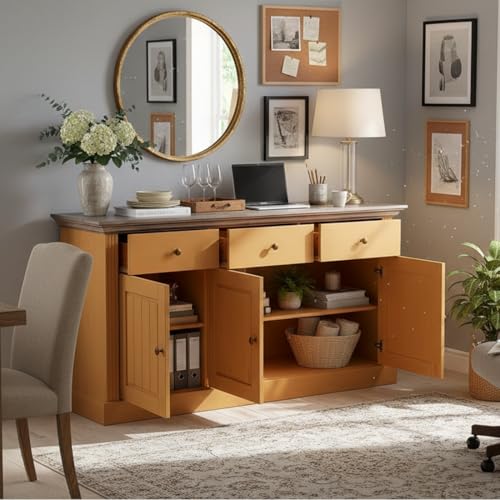 Image of APRODZ Solid Wood Alegre Sideboard Storage Cabinet for Living Room | Medallion Yellow